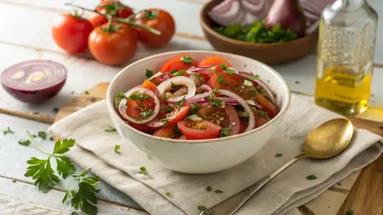 A bowl of tomato and onion salad with fresh parsley and vinaigrette dressing.