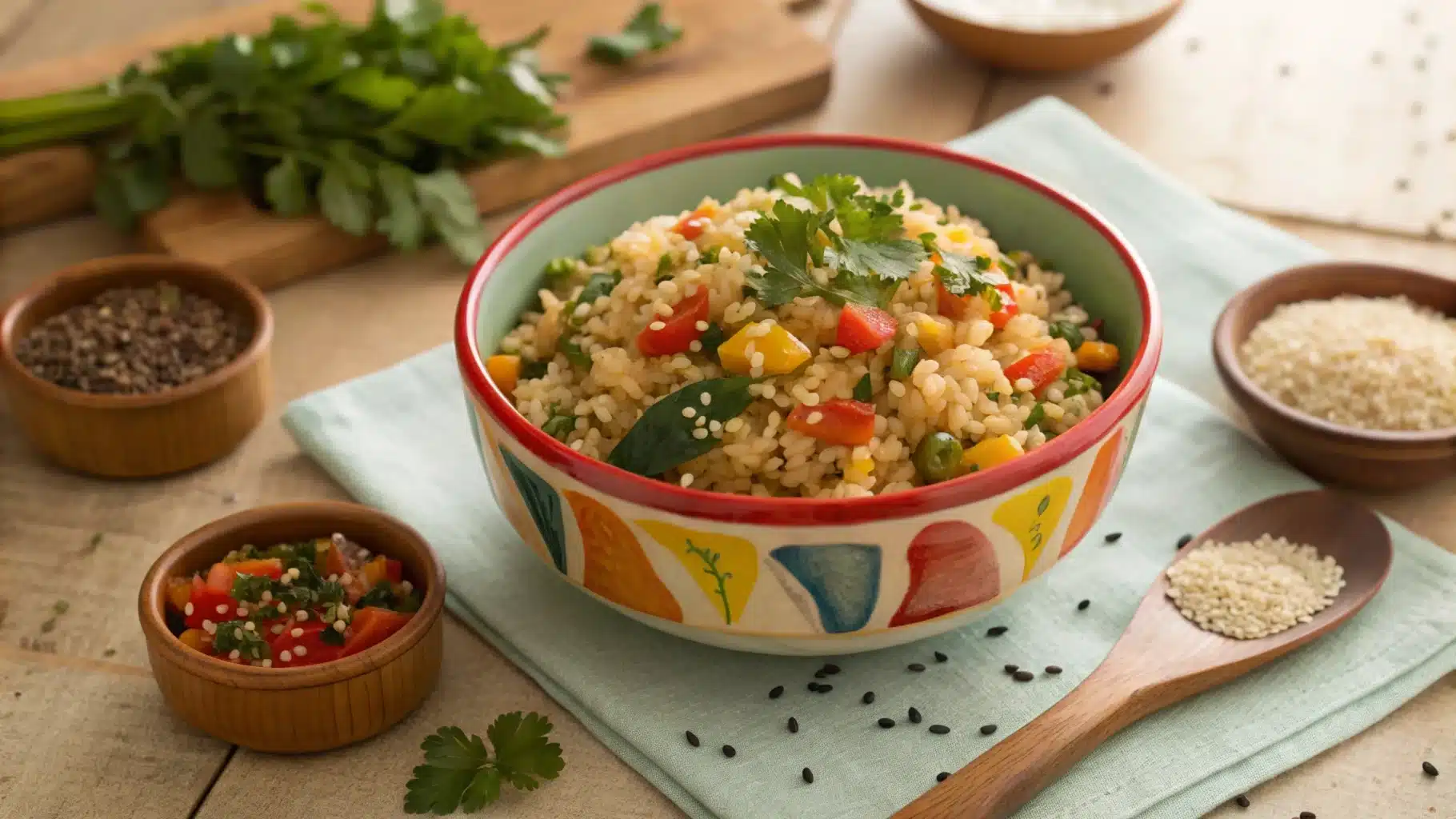 A vibrant bowl of seasoned rice garnished with fresh herbs and sesame seeds, surrounded by spices and sauces.