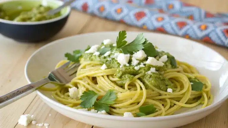 A plate of green spaghetti garnished with cotija cheese and cilantro, surrounded by poblano peppers and lime wedges on a rustic table.