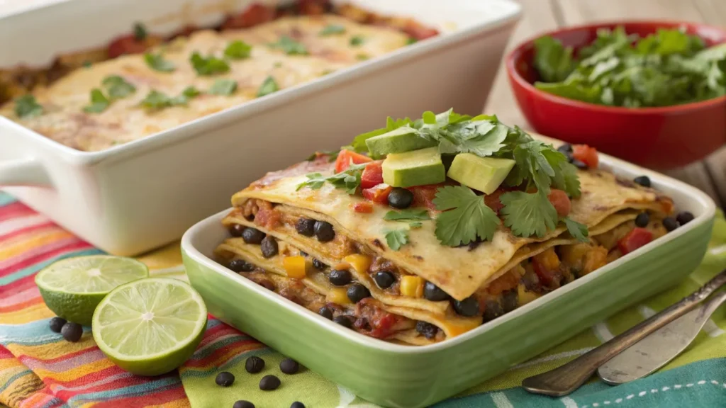 Vegetarian Mexican lasagna with layers of beans, vegetables, and cheese in a baking dish