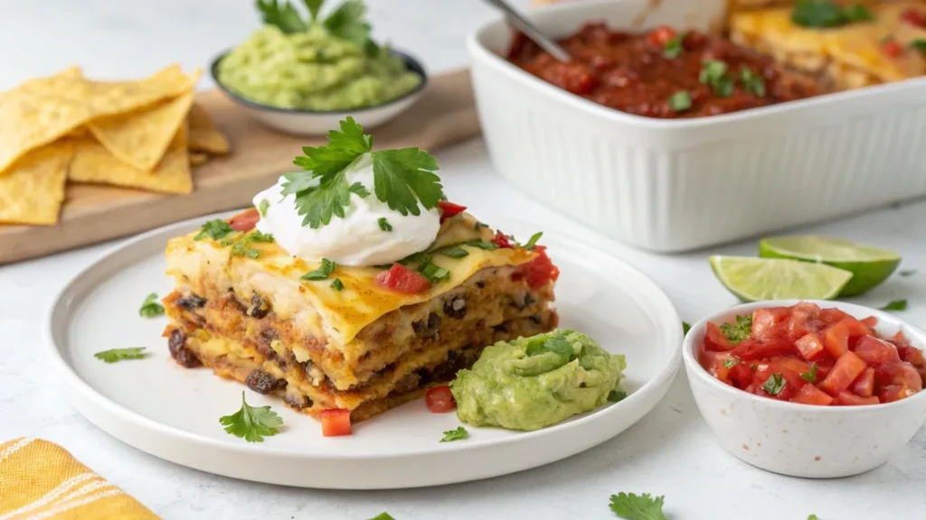 A slice of Mexican lasagna with sour cream and guacamole on top, served with tortilla chips.