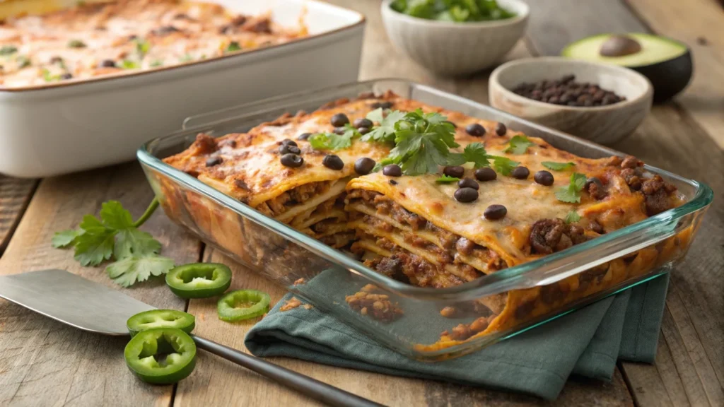 Mexican lasagna in a glass baking dish with visible layers of tortillas, meat, and cheese.