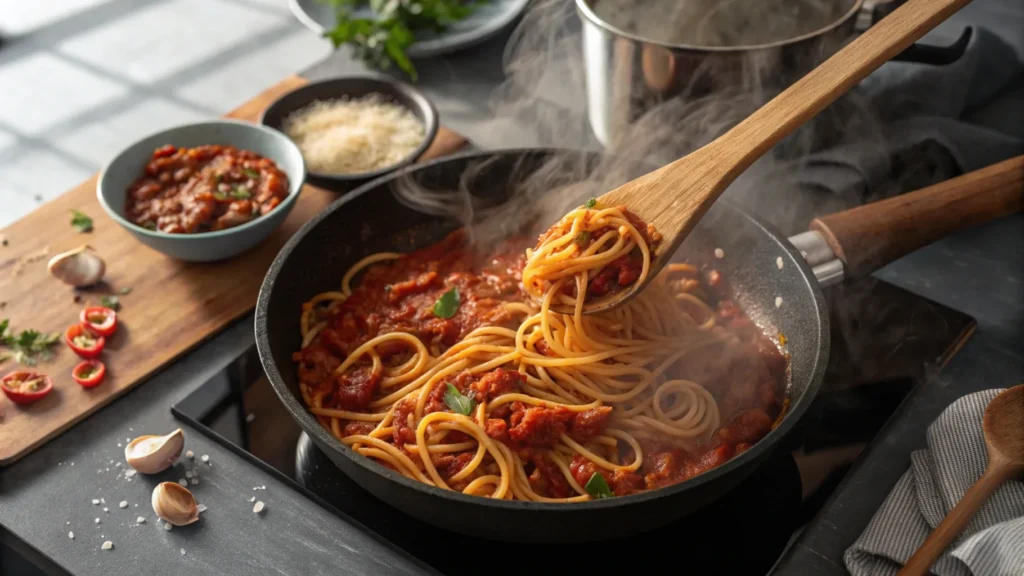 skillet of Mexican spaghetti being mixed with a rich tomato sauce, showing the cooking process.