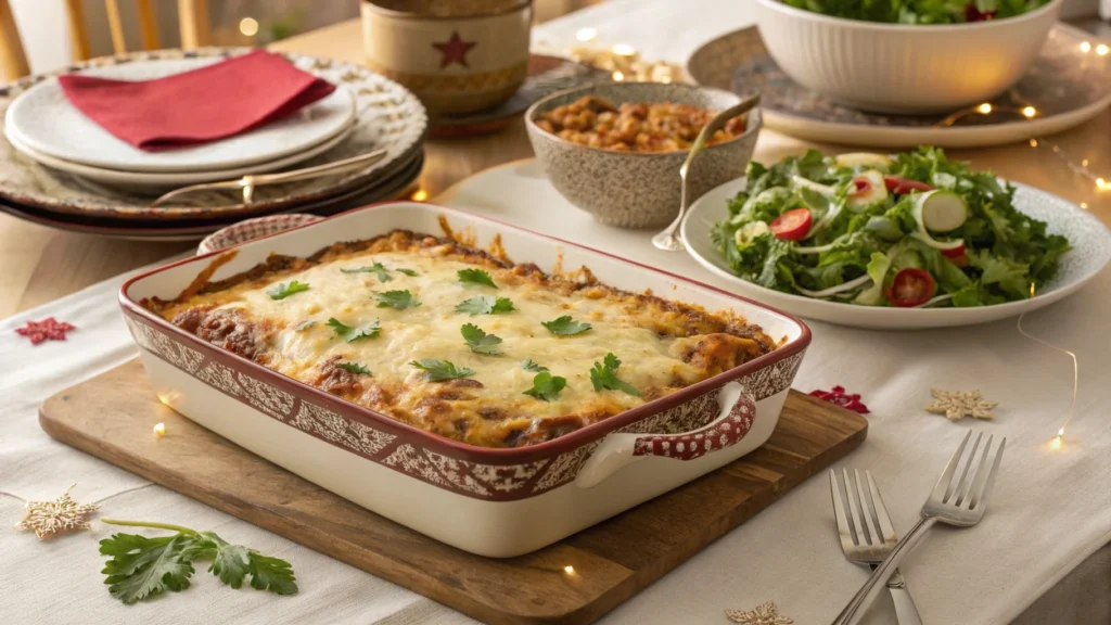 A baked Mexican spaghetti casserole topped with bubbling cheese and cilantro, served in a decorative dish.