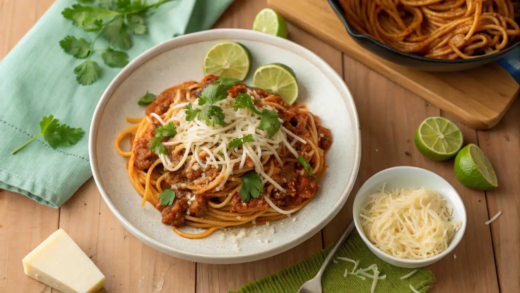 Vibrant plate of Mexican spaghetti with spiced tomato sauce, shredded cheese, and fresh cilantro, styled on a rustic wooden table.