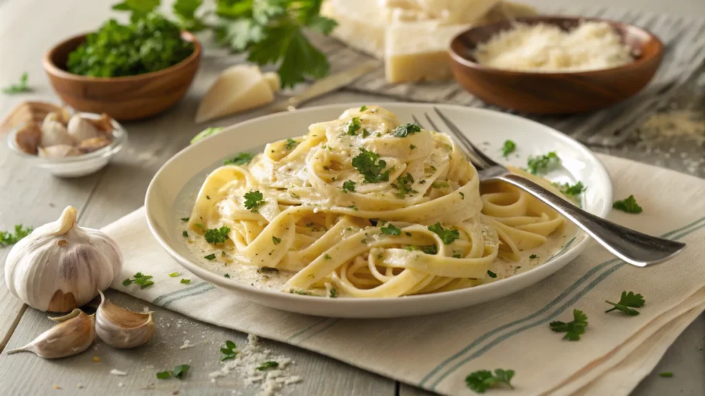 Fettuccine pasta with parmesan garlic sauce and parsley garnish.