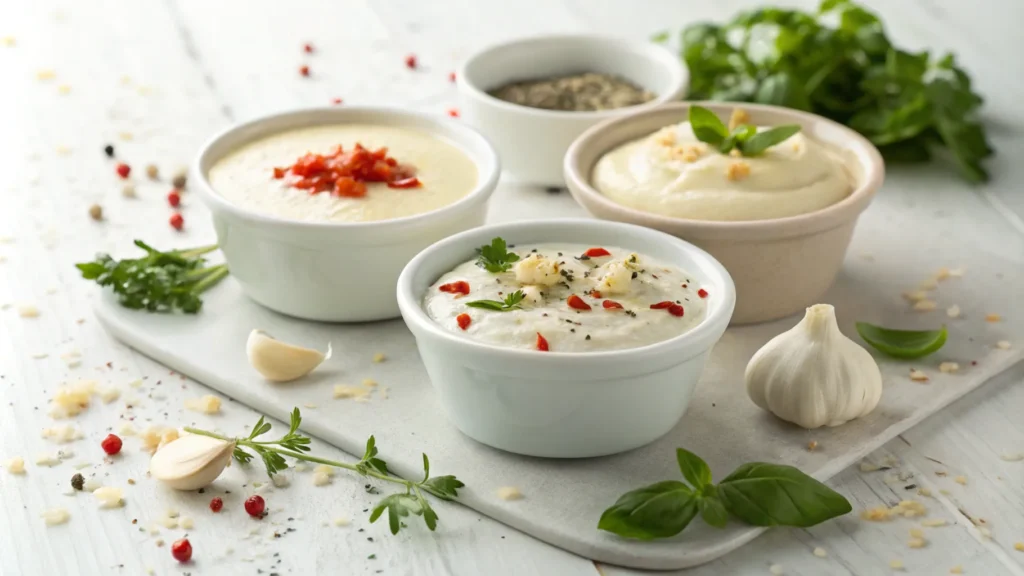 three variations of parmesan garlic sauce with herbs and spices