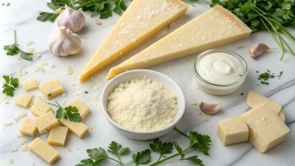 ingredients for parmesan garlic sauce on a marble surface.