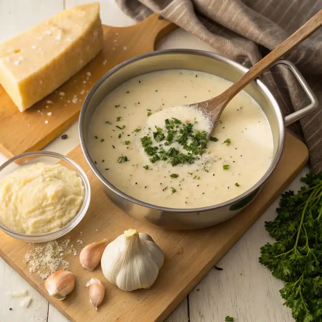 Parmesan garlic sauce in a saucepan with parsley garnish