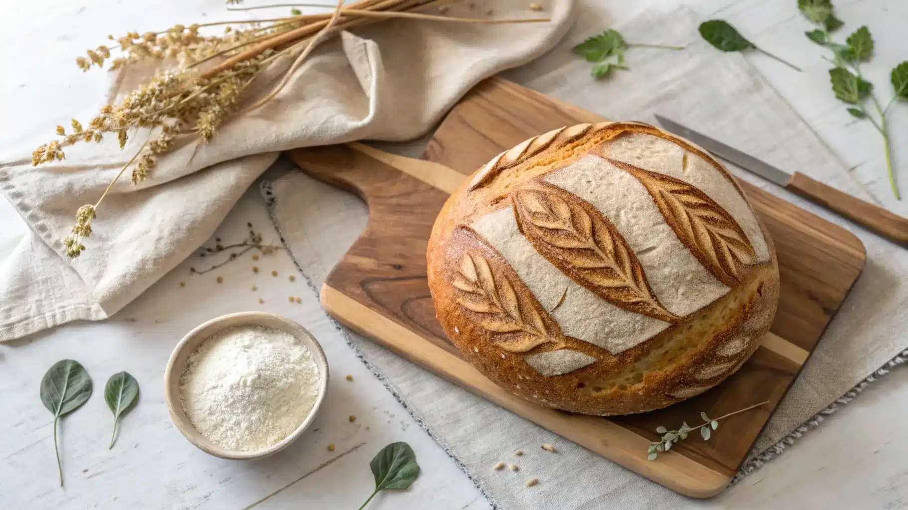 Rustic sourdough loaf with golden crust and leaf scoring on a wooden board.