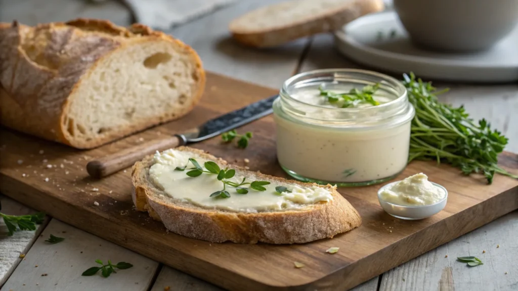 Sourdough slice with butter and probiotic yogurt, promoting gut health.