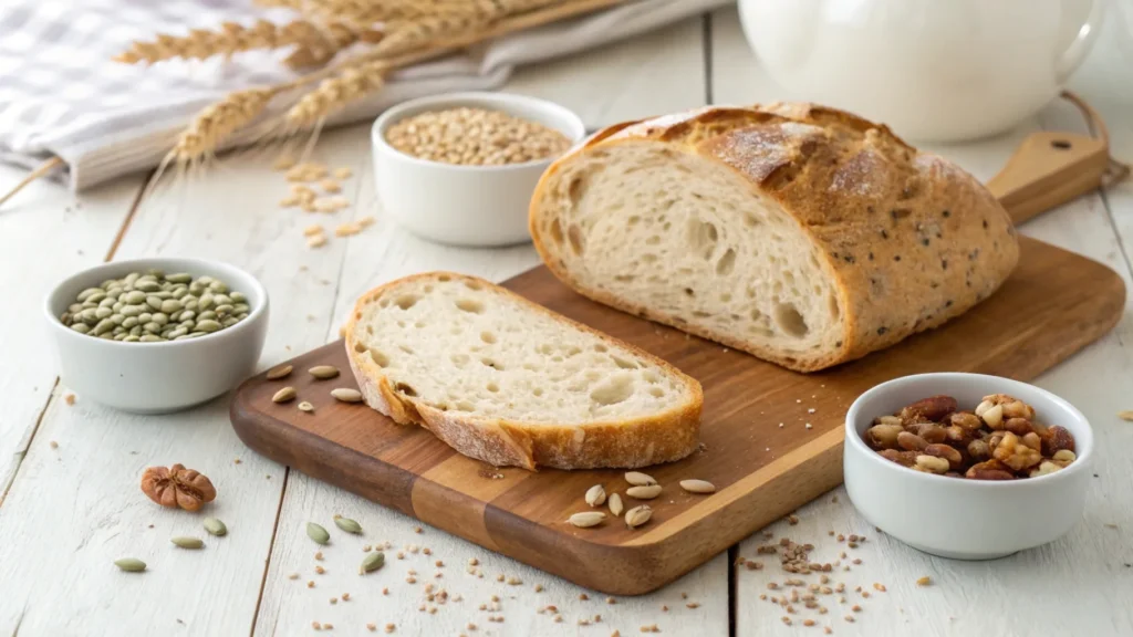Sliced sourdough bread with airy texture next to seeds and grains.