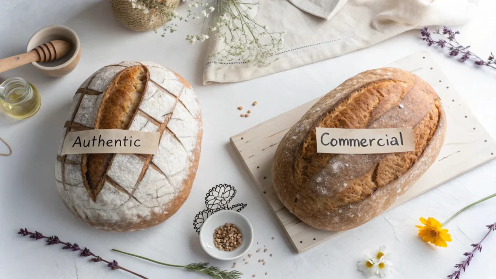 Comparison of authentic sourdough with airy texture and dense commercial bread.
