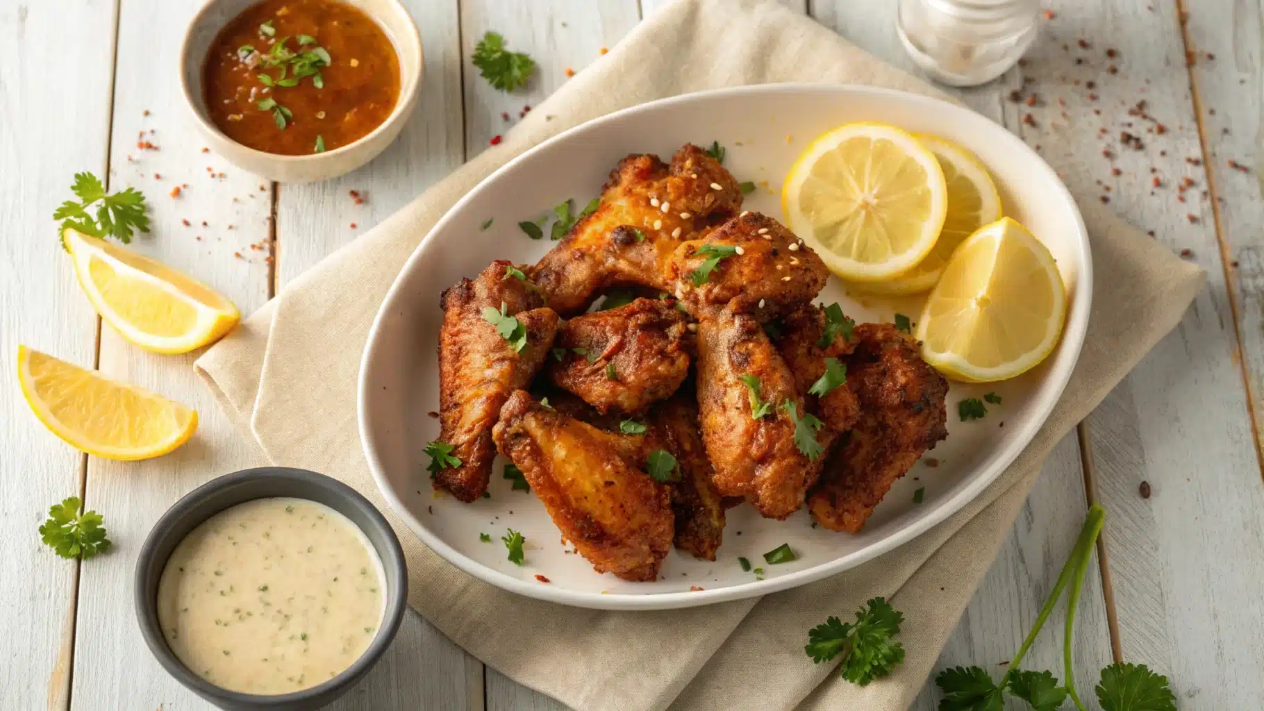 A plate of lemon pepper wings showcasing both dry and wet styles, garnished with lemon wedges and parsley on a rustic wooden table.