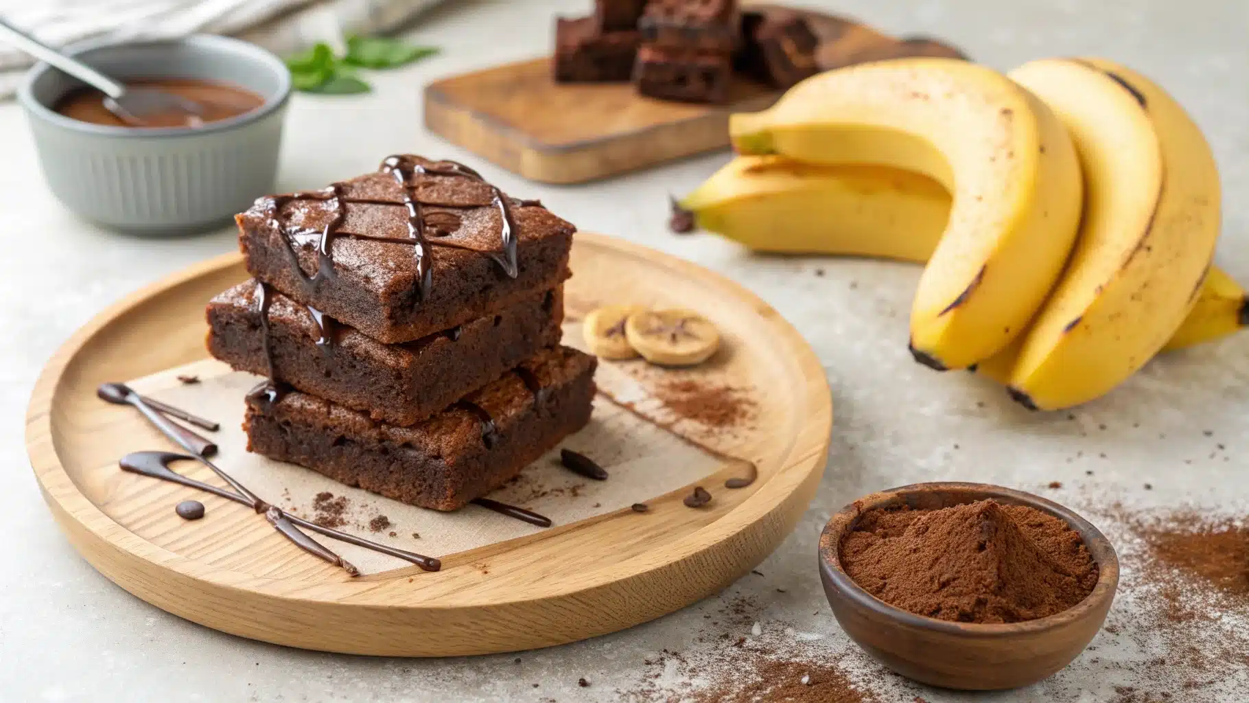 Stack of banana brownies drizzled with chocolate, surrounded by ripe bananas and cocoa powder on a wooden plate.