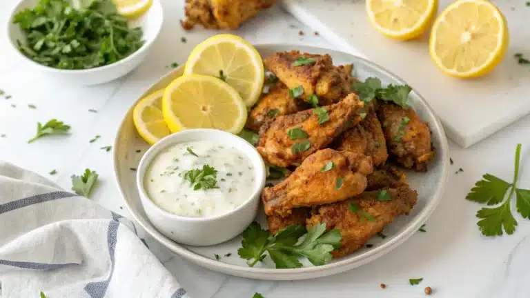 Plate of crispy lemon pepper wings garnished with lemon wedges and parsley, served with ranch dressing.