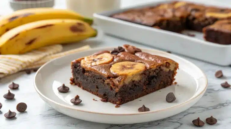 Fudgy banana brownies with chocolate topping, banana slices, and powdered sugar.