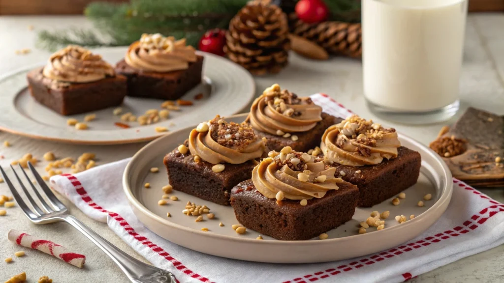 Banana brownies topped with peanut butter swirls and chopped nuts, served with a glass of milk