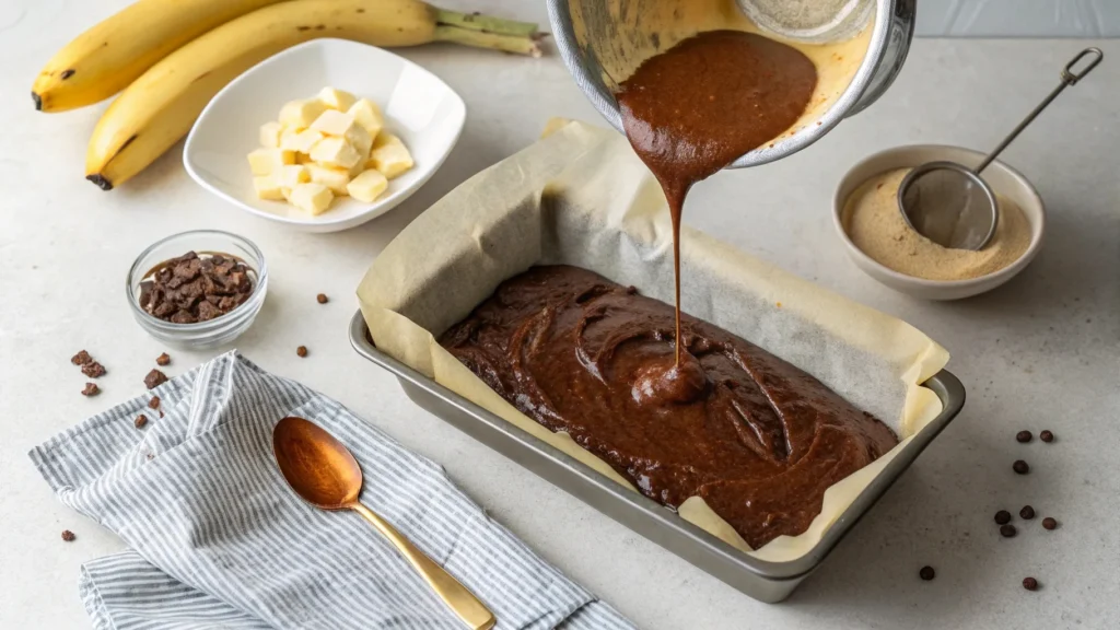 Brownie batter with bananas being poured into a parchment-lined baking dish