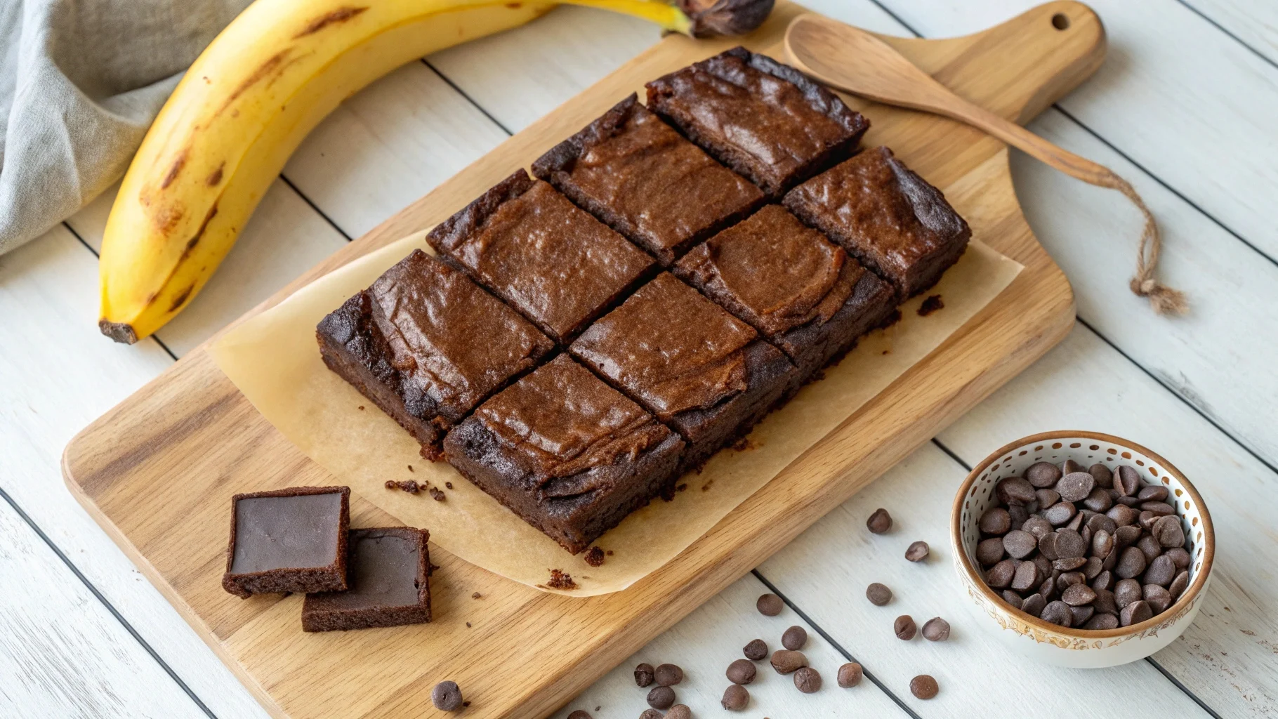 Banana brownies with a glossy top, arranged on a wooden board with ripe bananas and chocolate chips