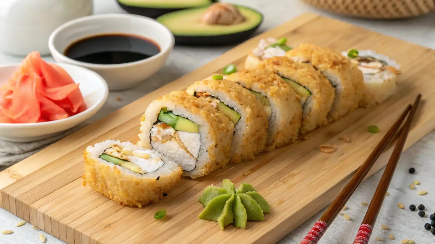 Freshly sliced chicken tempura roll served with soy sauce, ginger, and wasabi.