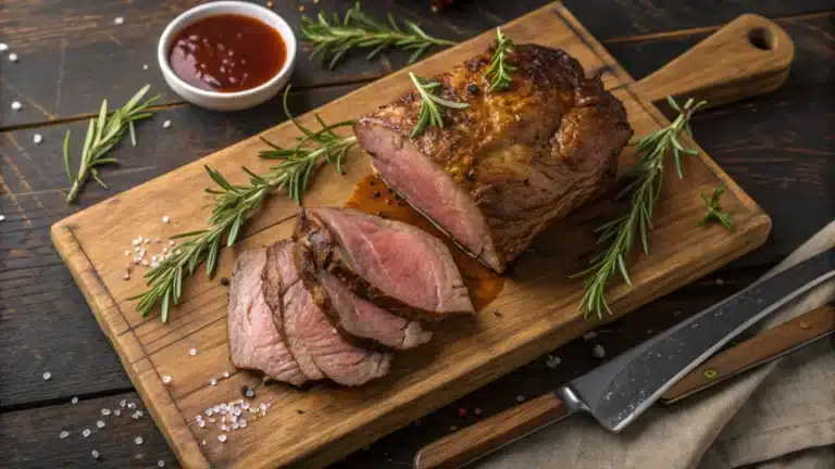 Perfectly roasted venison garnished with rosemary and thyme on a rustic wooden cutting board.
