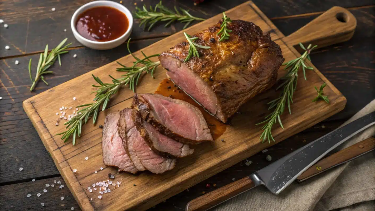 Perfectly roasted venison garnished with rosemary and thyme on a rustic wooden cutting board.