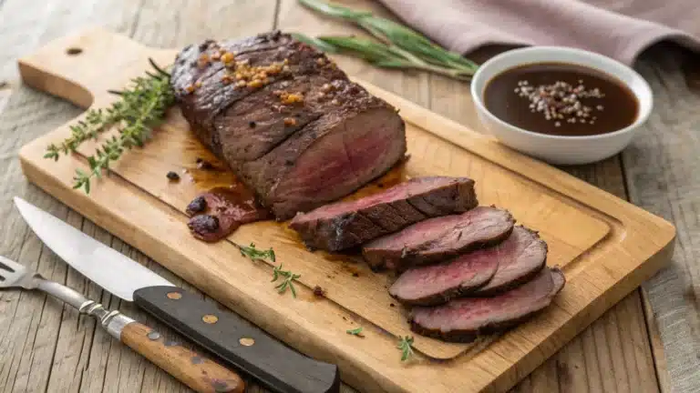 Juicy venison roast sliced on a wooden cutting board with fresh herbs.