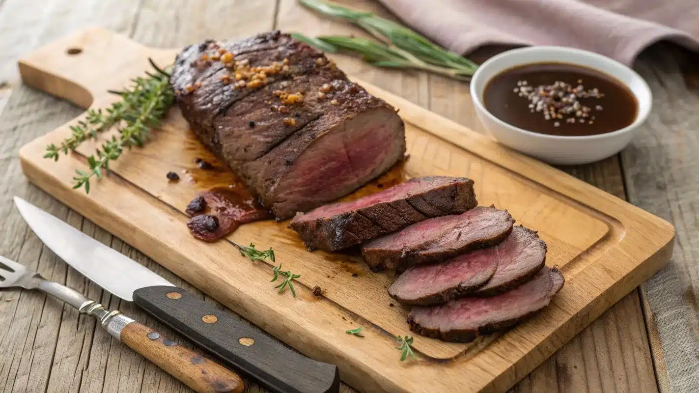 Juicy venison roast sliced on a wooden cutting board with fresh herbs.