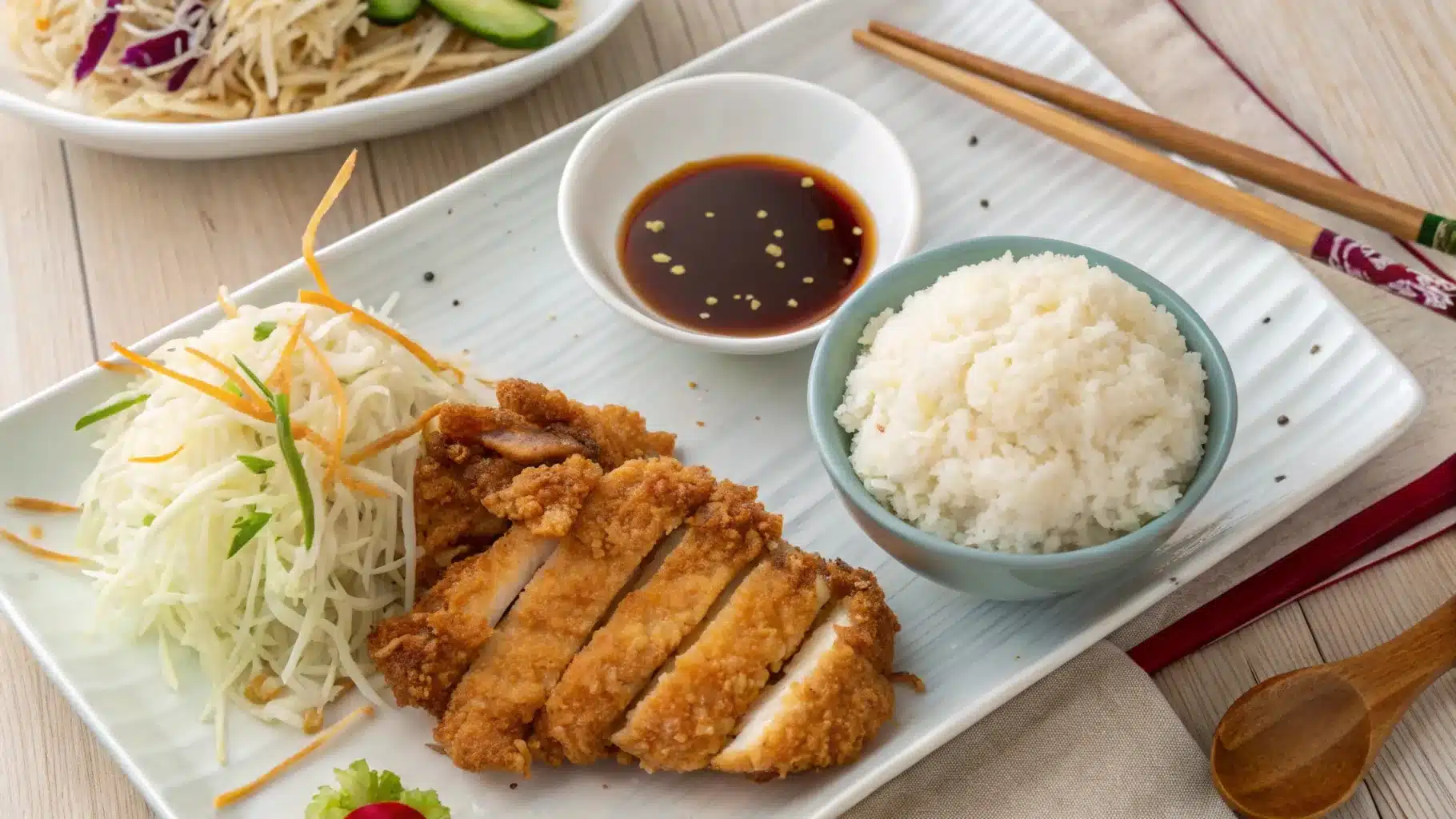 Side-by-side comparison of chicken katsu and chicken tempura with dipping sauces and cabbage.