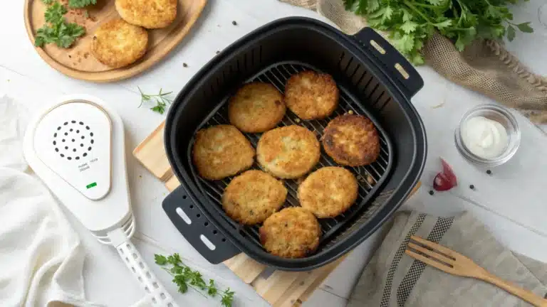 Golden-brown hash brown patties in an air fryer, ready to serve