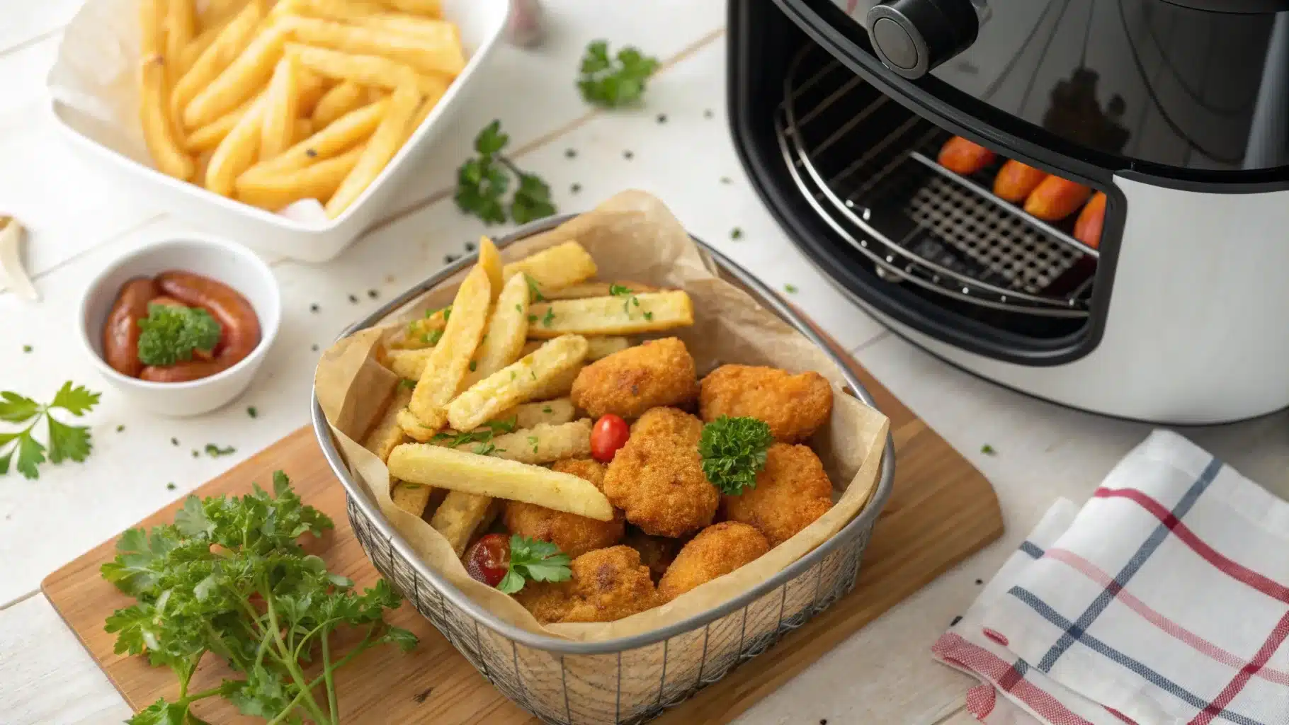 Golden frozen fries, nuggets, and vegetables freshly cooked in an air fryer.