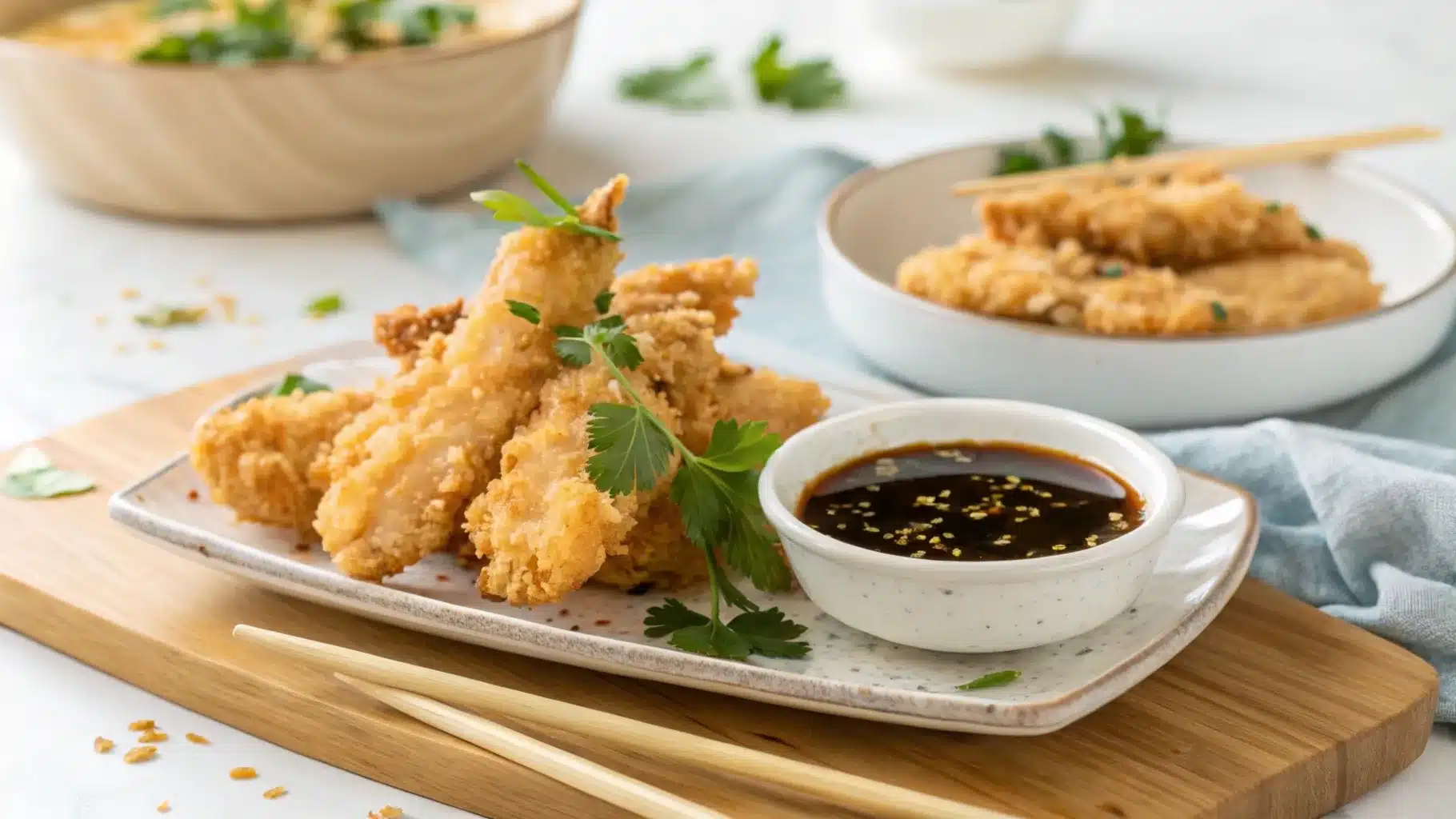 Golden tempura chicken strips served with soy dipping sauce, garnished with fresh herbs on a white plate.