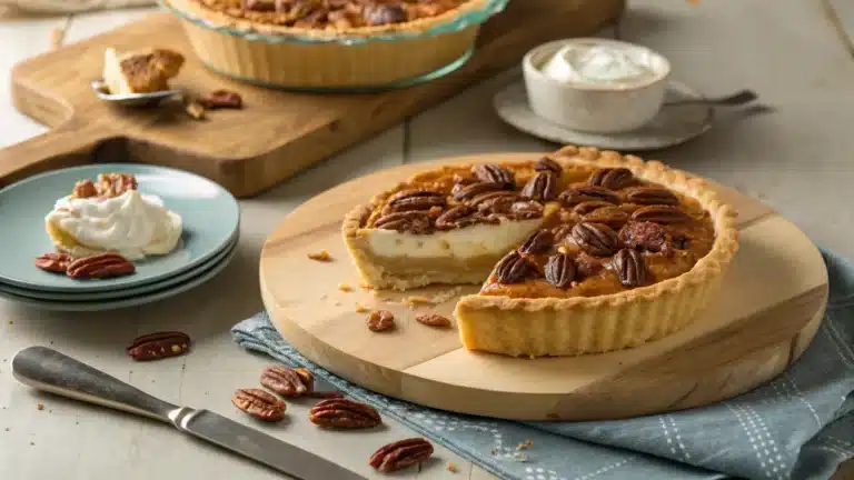 Featured Pecan Cream Pie with flaky crust and creamy filling, topped with glazed pecans.