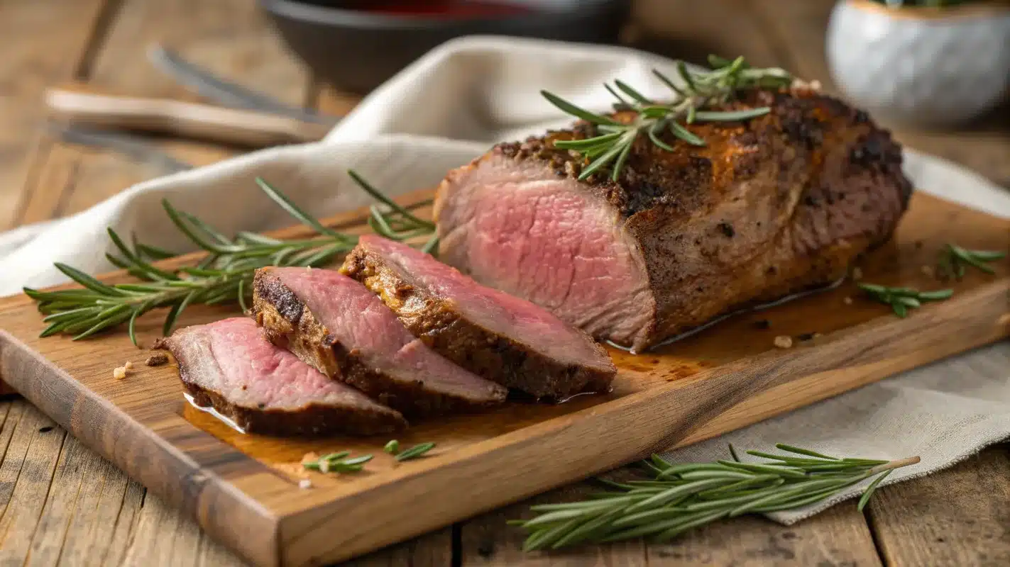 Perfectly roasted venison cut on a plate with rosemary.