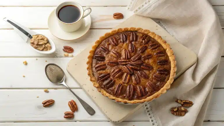 A warm pecan pie fresh out of the oven on a rustic table, capturing the debate: Are you supposed to eat pecan pie hot or cold?