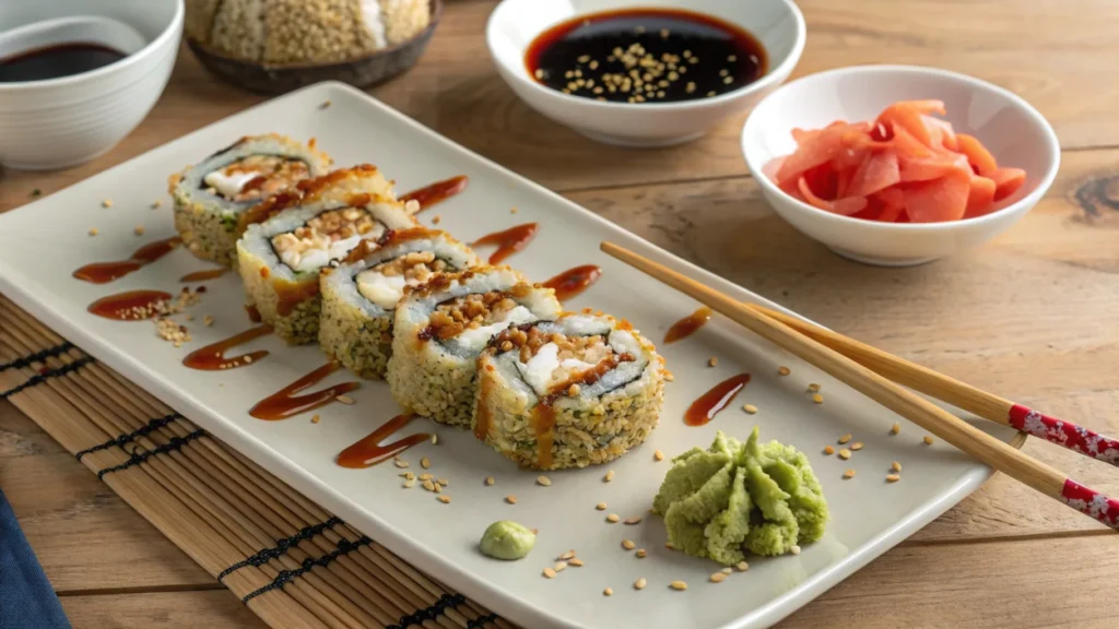 Homemade tempura rolls garnished with sesame seeds and spicy mayo, served with soy sauce and wasabi.