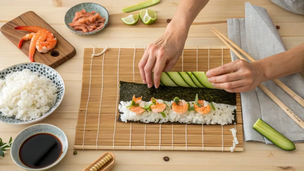 Hands rolling a shrimp tempura roll with sushi rice and vegetables on a bamboo mat.