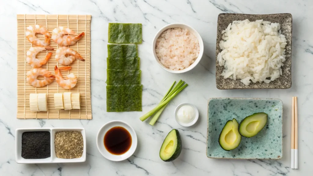 Fresh shrimp, sushi rice, nori, cucumber, avocado, and Tempura Rolls batter mix on a marble countertop.