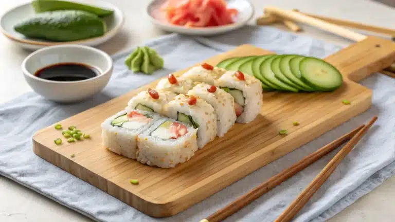 Shrimp tempura roll with cucumber and avocado on a bamboo board, served with soy sauce and pickled ginger.