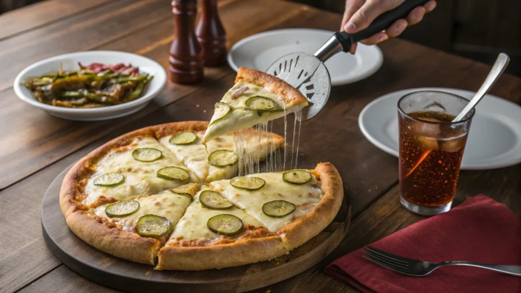 Freshly baked pickle pizza being served with melted cheese strings on a wooden table.