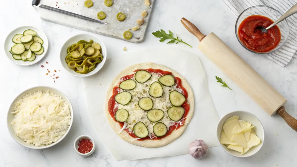 Ingredients for pickle pizza, including sliced pickles, cheese, dough, and garlic sauce on a marble counter.