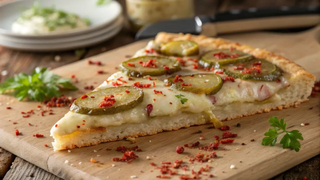 Close-up of a slice of pickle pizza with gooey cheese, tangy pickles, and red pepper flakes.