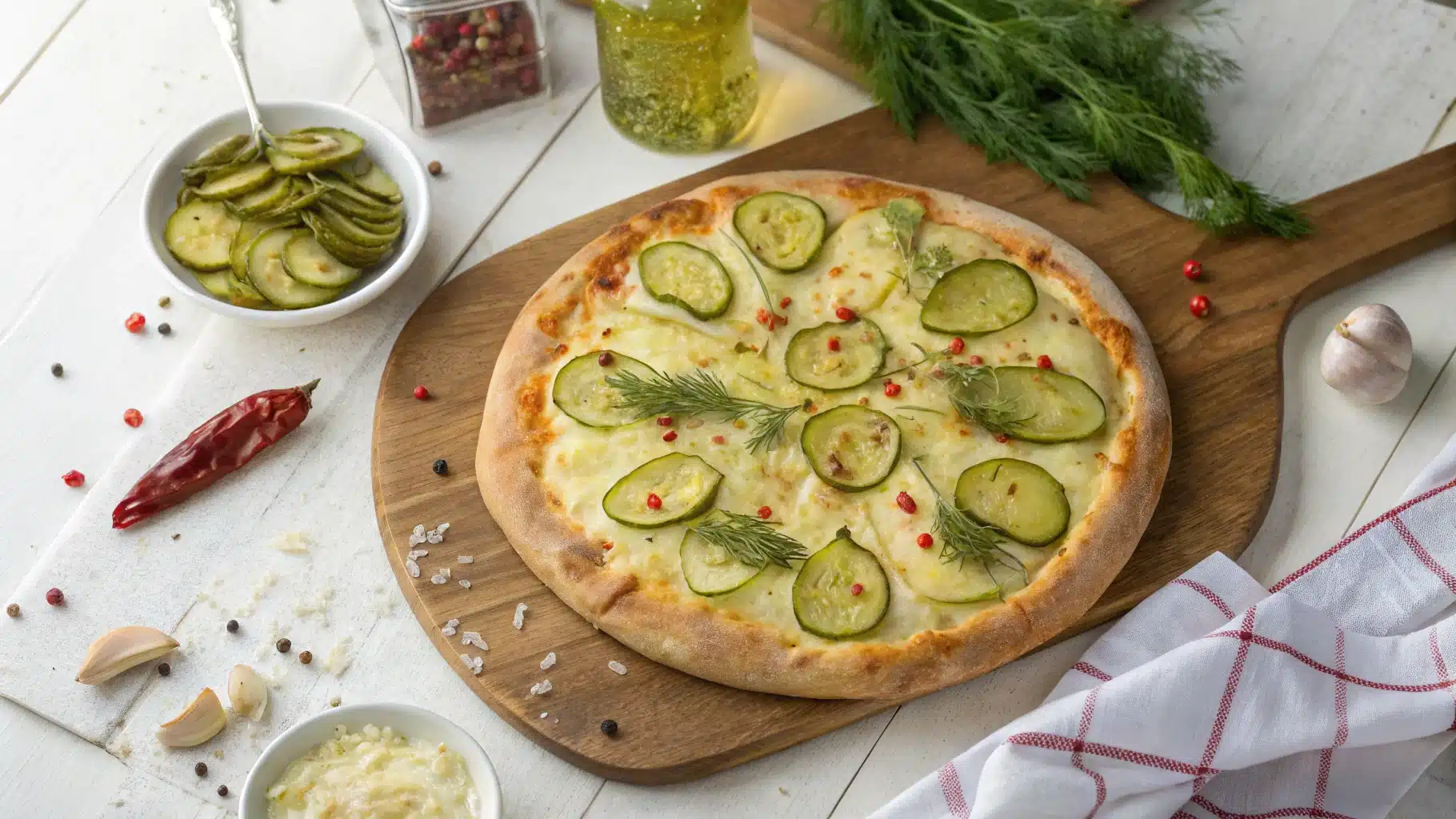 Overhead view of a tangy pickle pizza with dill pickles and melted cheese on a rustic pizza board.