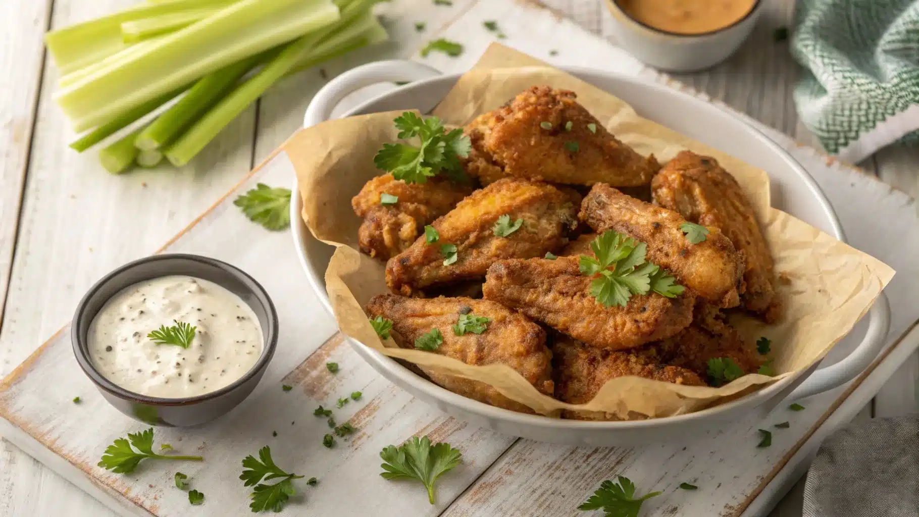 Golden crispy chicken wings served with ranch and buffalo dipping sauces on a rustic table.