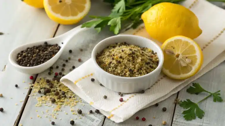 Homemade lemon pepper seasoning in a small bowl with fresh lemons and peppercorns.