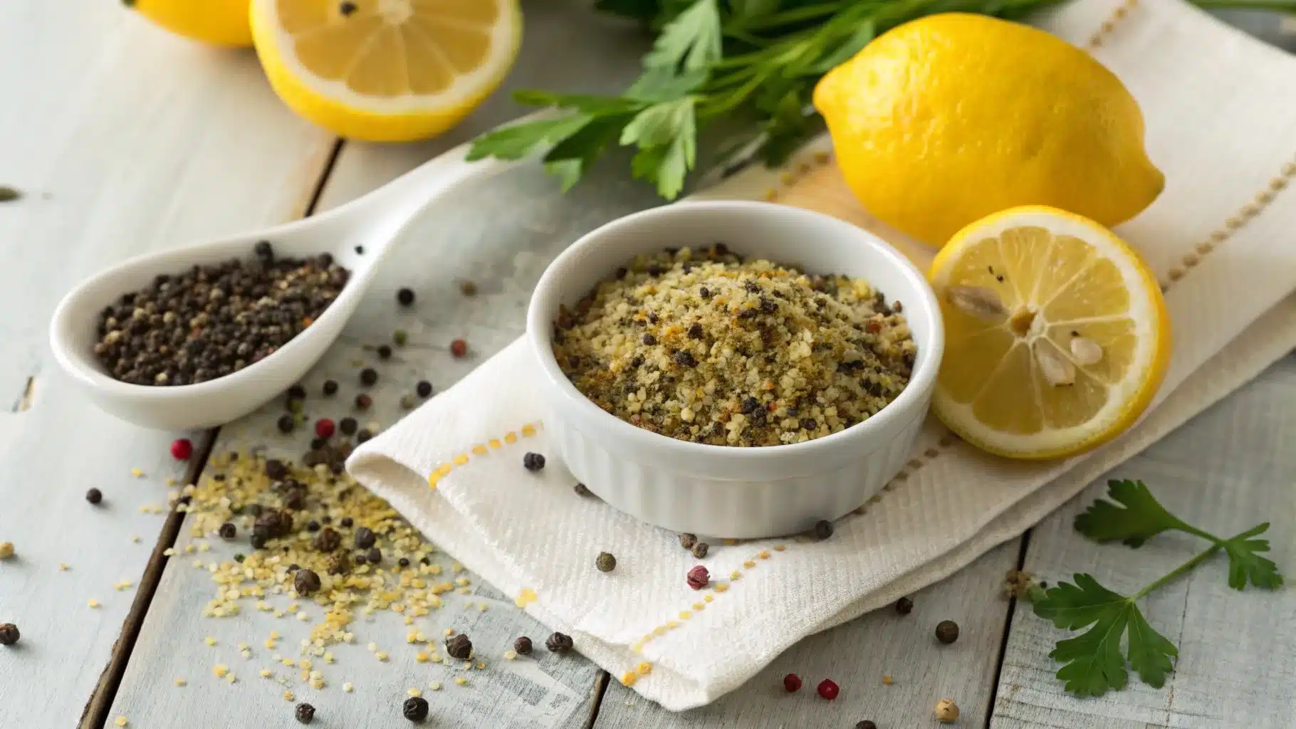 Homemade lemon pepper seasoning in a small bowl with fresh lemons and peppercorns.