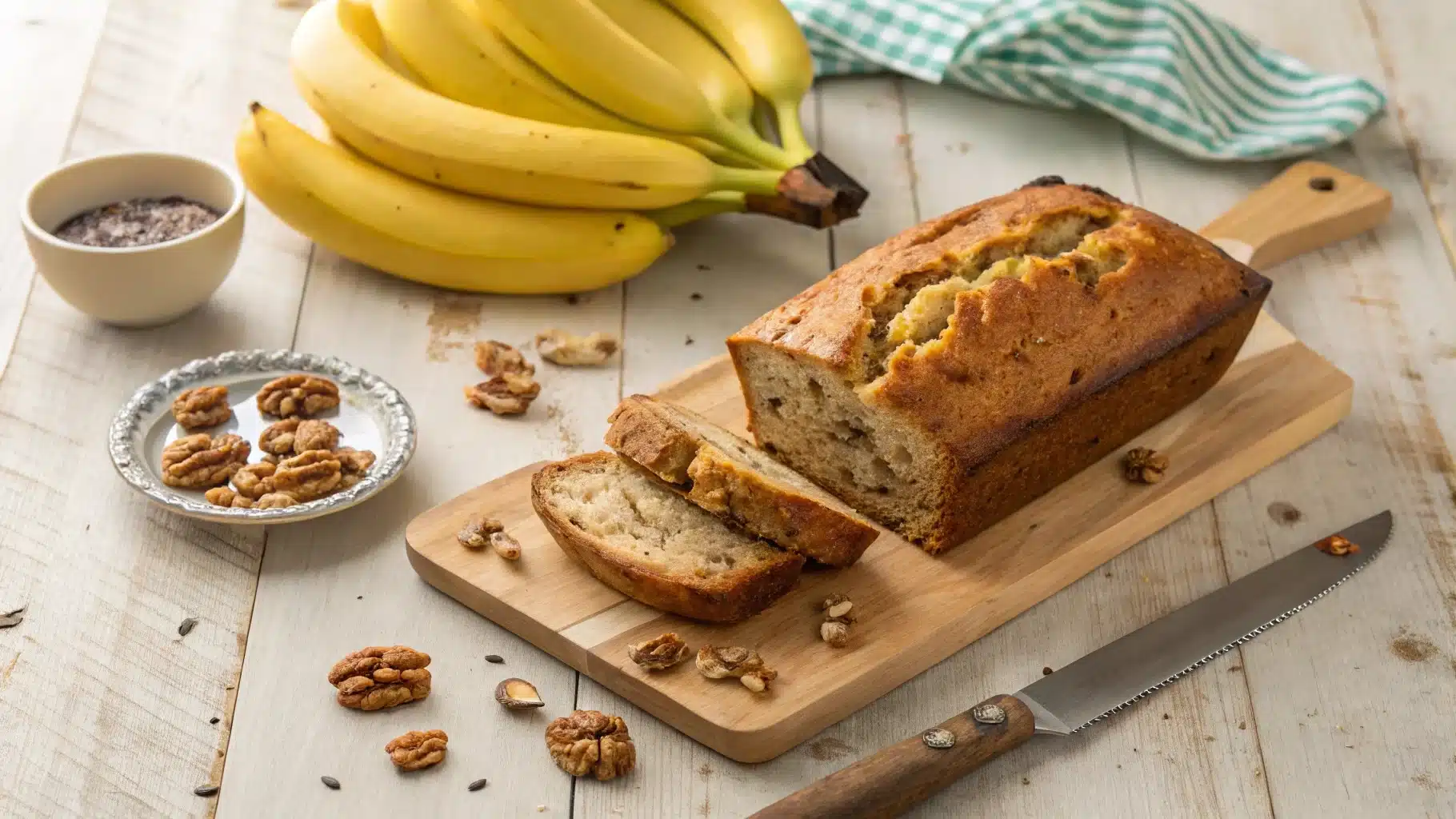 Freshly baked banana bread surrounded by ripe bananas and walnuts.