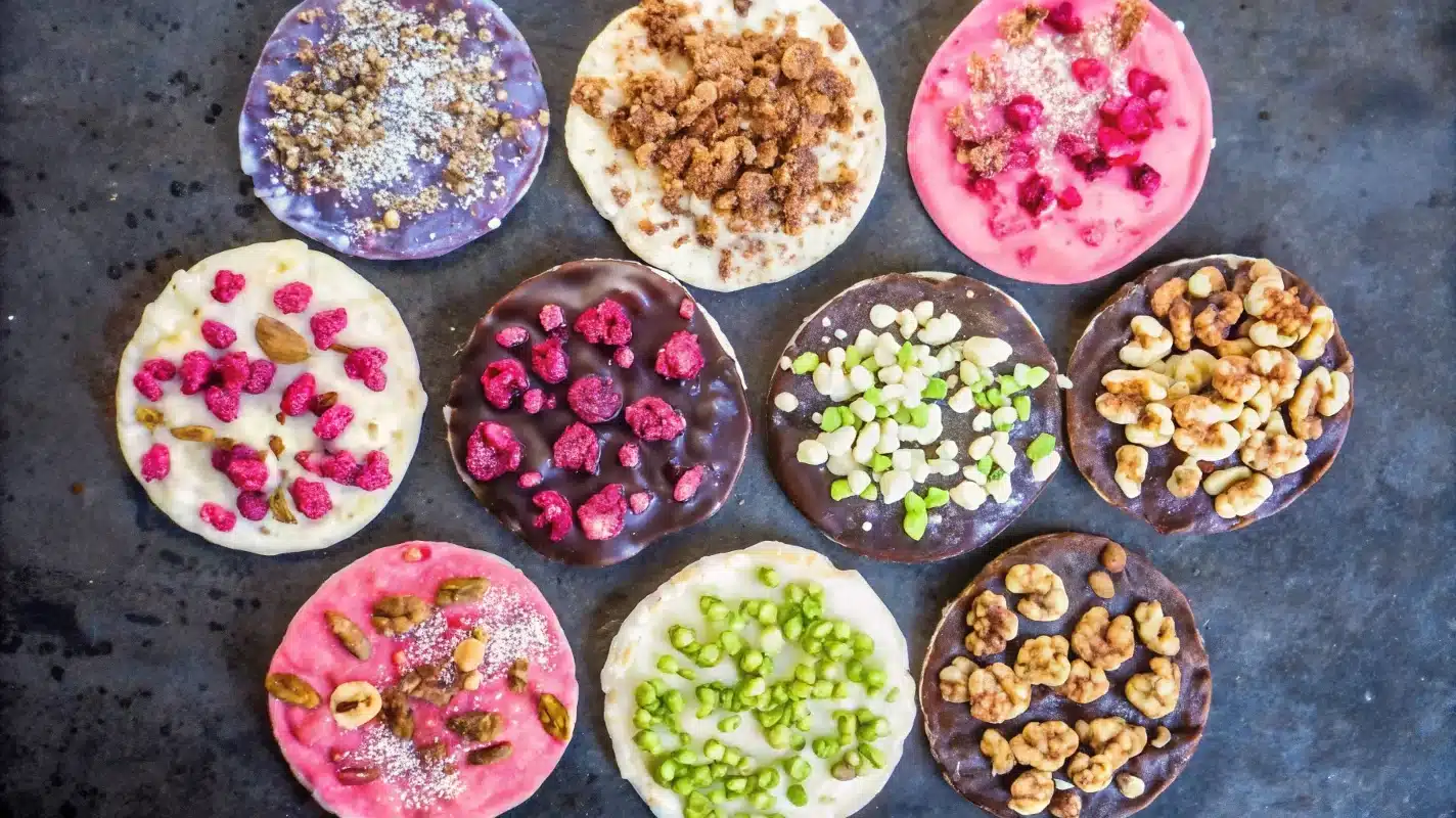 A vibrant assortment of chocolate rice cakes topped with colorful dried fruits, nuts, seeds, and sprinkles, showcasing creative topping ideas.