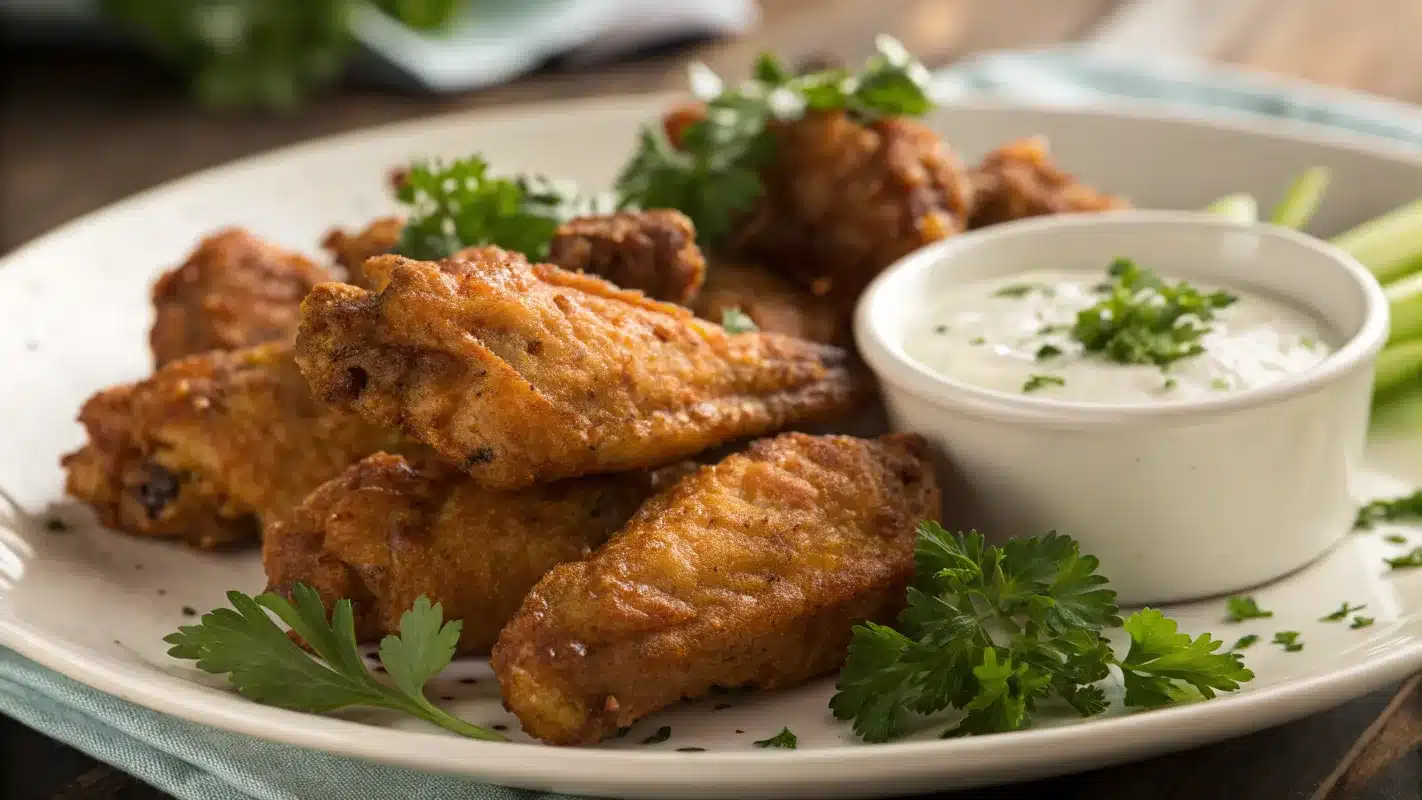 A close-up of a plate of crispy, golden-brown chicken wings garnished with fresh parsley, served with a side of ranch dressing. Shot with a Samsung S24 Ultra in bright lighting.